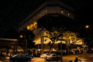 Exterior view of Orchard Plaza building illuminated at night under a starry sky, with street signs for Orchard Road and Killiney Road and traffic passing by.