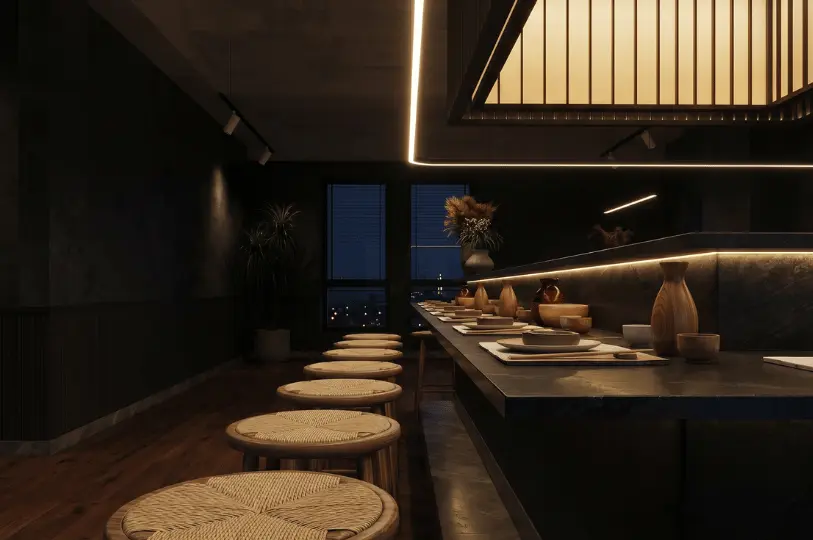 A modern, moody izakaya interior featuring a row of woven wooden stools lined up along a sleek dark counter, accented by warm, glowing strip lighting and decorative sake carafes.