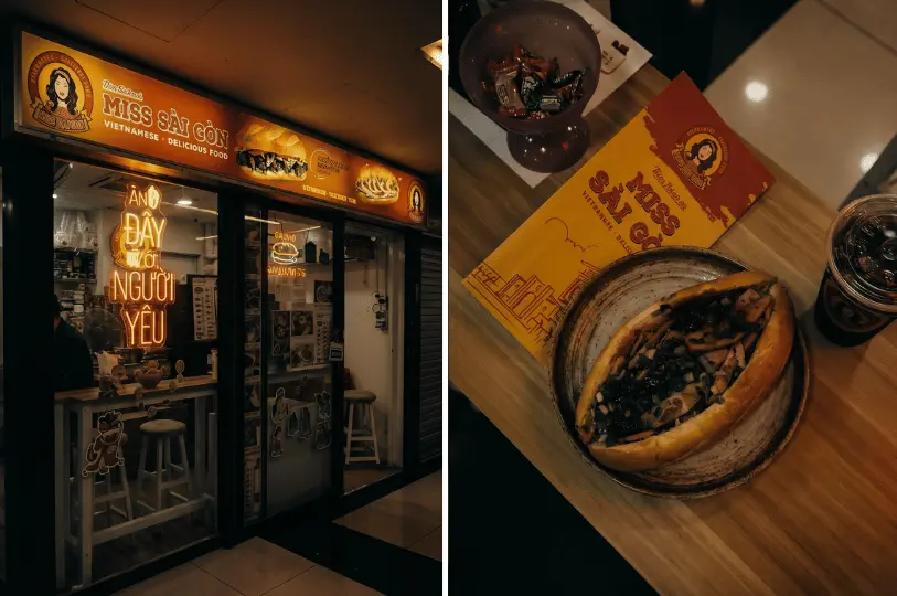 A split image showing the glowing storefront of Miss Sài Gòn Vietnamese food on the left, and a top-down view of a freshly prepared banh mi sandwich next to a drink on the right.
