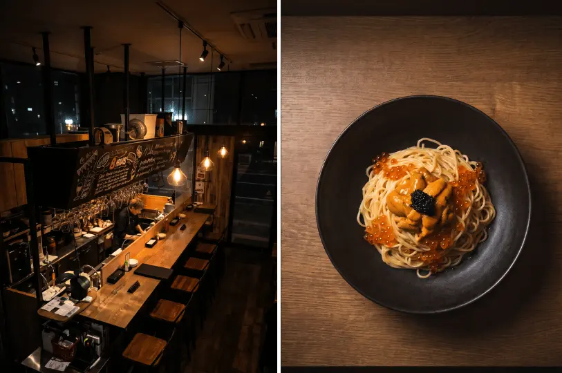A split image showing a high-angle view of a cozy, narrow bar counter restaurant with hanging lightbulbs on the left, and a plate of spaghetti topped with uni and ikura on the right.