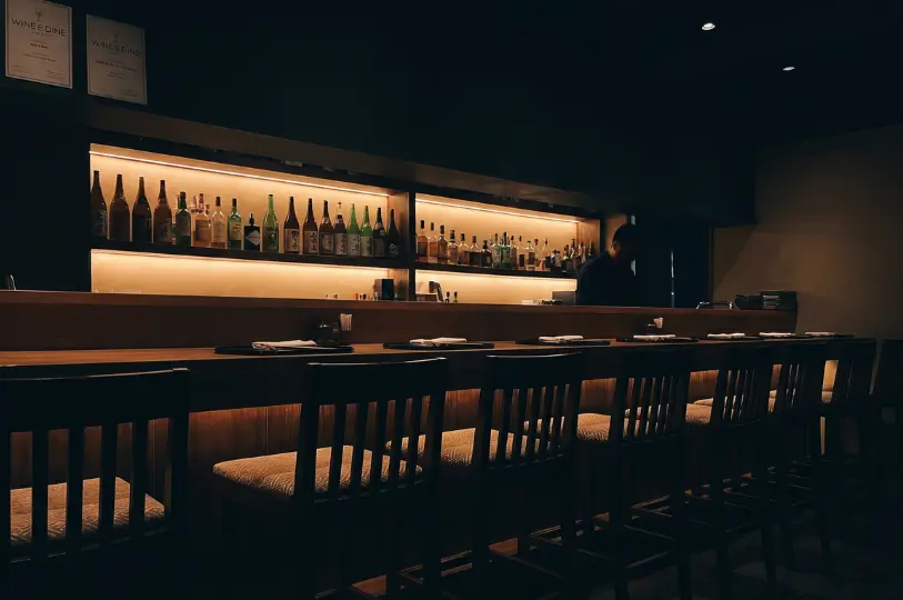 A dimly lit, atmospheric dining space showing a long, empty wooden bar counter with a row of high-backed chairs facing warmly illuminated shelves stocked with various liquor bottles.
