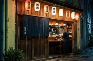 An izakaya chef in a traditional blue uniform prepares food behind a wooden counter, viewed from a quiet, dark alleyway illuminated by a row of glowing Japanese paper lanterns.