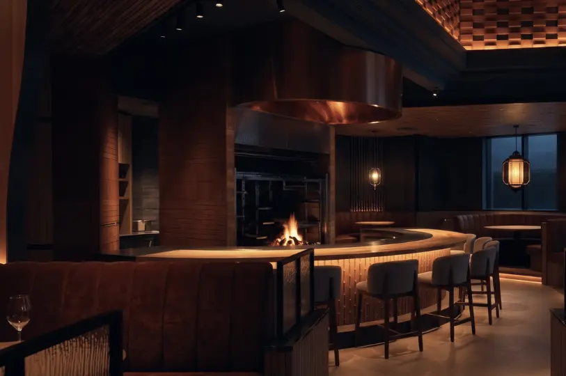 An upscale, contemporary late-night dining space featuring a curved, illuminated bar, plush velvet booths, and a large open kitchen with a roaring fire pit in the background.