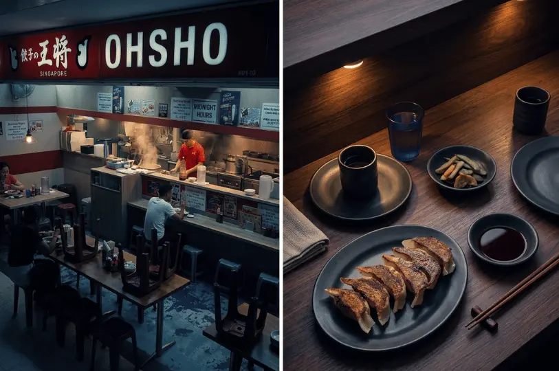 Side-by-side composite; the left captures the brightly lit Ohsho Singapore stall with a chef actively cooking, and the right features pan-fried gyoza under a harsh, warm spotlight, demonstrating high-contrast food photography that isolates crispy textures against a dark surface.