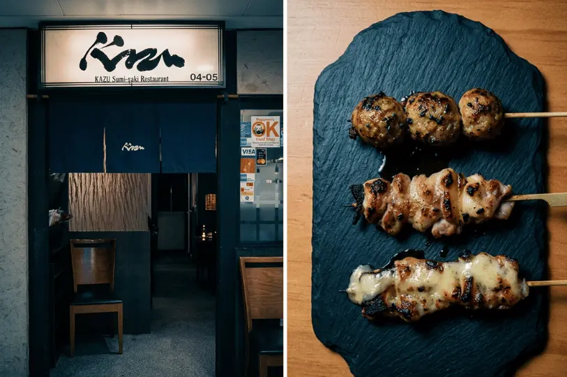 Side-by-side composite; the left shows the deeply shadowed entrance of Kazu Sumi-yaki Restaurant framed by blue noren curtains, while the right is a top-down close-up of three grilled yakitori skewers on a dark slate board, emphasizing the charred details and glossy marinades.