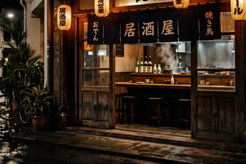 A street-level view of an open-front izakaya at night on a wet street, with steam rising from the bustling kitchen inside, framed by traditional noren curtains, glowing lanterns, and a bicycle parked nearby.