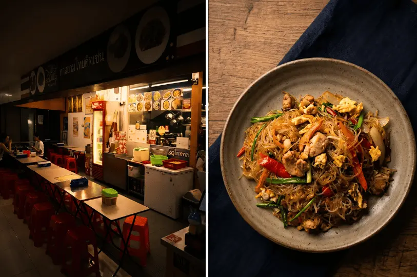A split image showing a Thai eatery's indoor dining area with red plastic stools on the left, and a close-up overhead shot of a plate of stir-fried glass noodles on the right.