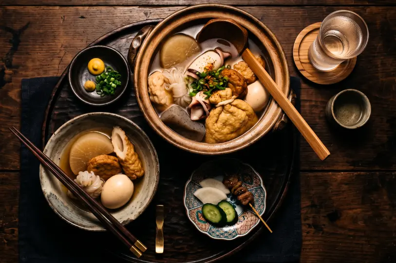 A traditional Japanese oden hot pot steaming on a dark wooden table, filled with comforting ingredients like daikon radish, fish cakes, stuffed tofu pouches, and boiled eggs, served alongside mustard and a glass of sake.