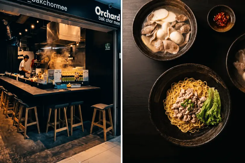 A split image showing the counter seating and steaming kitchen of Orchard Bak Chor Mee on the left, and a top-down view of a bowl of minced meat noodles and savory soup on the right.