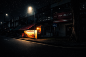 A quiet, dimly lit street in Holland Village at night, featuring a glowing 'HEWEK STALL' sign under a starry sky, evoking a sense of stillness and the passage of time.