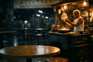 A cinematic nighttime scene at an open-air hawker centre. On the right, an older hawker in a white singlet stands beneath warm hanging incandescent bulbs, expertly tossing a piece of flatbread high into the air above a steaming griddle. The dark, softly blurred background reveals rows of quiet, empty tables. In the sharp foreground, a textured round table catches the amber glow of the stall, contrasting beautifully with the cool, shadowy atmosphere and the damp floor reflecting the ambient light.