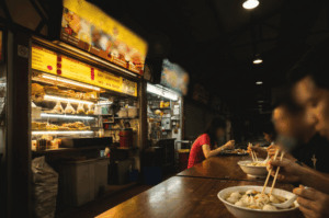 A warm, low-light shot of a Singaporean hawker centre at night, featuring a brightly illuminated food stall menu and diners enjoying noodle dishes in the foreground.