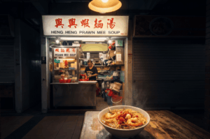 A steaming bowl of prawn noodle soup, garnished with large prawns, sits on a worn wooden table in the foreground. Behind it, glowing warmly against the dark, shuttered stalls of a quiet, late-night hawker centre, an elderly vendor works diligently inside the illuminated "Heng Heng Prawn Mee Soup" stall.