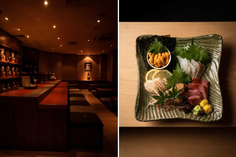 A side-by-side view featuring the moody, dimly lit interior of a Japanese restaurant with a long wooden dining counter and floor seating on the left, paired with a top-down shot of a premium sashimi platter showcasing fresh sea urchin, scallops, and sliced fish on a textured green ceramic plate on the right.
