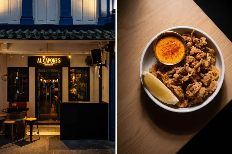 A side-by-side image displaying the glowing nighttime entrance of Al Capone's Ristorante & Bar beneath traditional roof tiles on the left, alongside a top-down view of a bowl filled with crispy fried calamari, a lemon wedge, and spicy dipping sauce on the right.