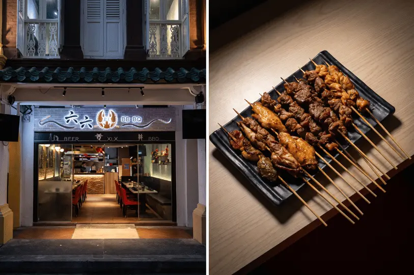 A side-by-side view showing the brightly lit storefront of a late-night barbecue spot called BBQ 六六 on the left, and a close-up of a black rectangular plate loaded with various glistening grilled meat skewers on the right.