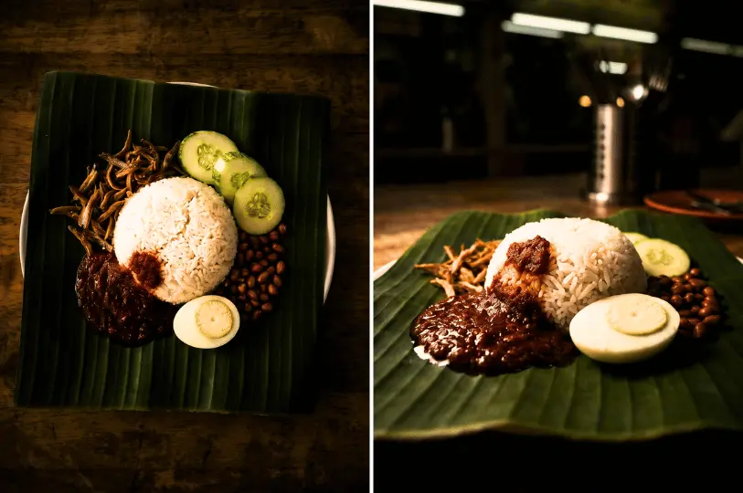 A side-by-side comparison of Nasi Lemak composition: a direct top-down flat lay on the left versus a low-angle perspective on the right, both featuring rice, sambal, boiled egg, peanuts, and anchovies framed on a green banana leaf.