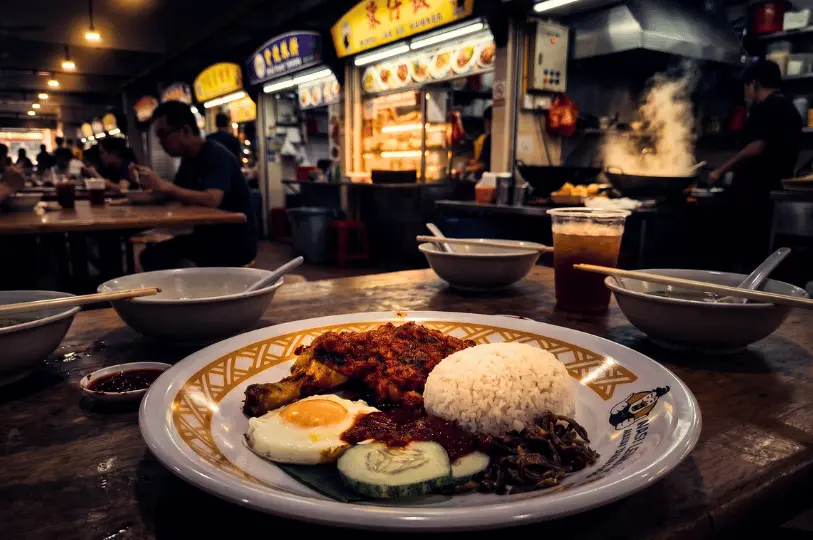Eye-level wide shot of a Nasi Lemak platter featuring white rice, a fried chicken leg coated in sambal, a fried egg, and cucumber slices, framed nicely on a busy hawker center table background.