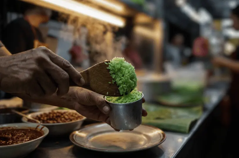 Close-up shot emphasizing food preparation, showing a hawker using a wooden paddle to scoop vibrant green pandan rice into a metal molding cup over a plate.