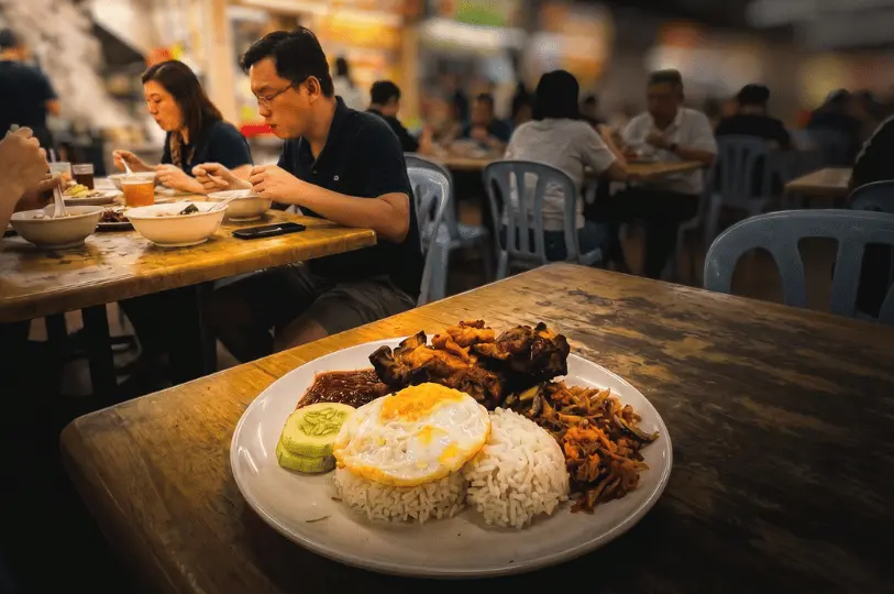 A foreground-focused shot of a Nasi Lemak plate featuring two mounds of white rice, fried chicken, a fried egg, and anchovies, with dining patrons softly blurred in the background.
