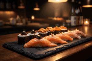 A dark slate plate on a wooden sushi counter in a softly lit restaurant, featuring an elegant row of salmon nigiri garnished with caviar and gold leaf, backed by uni and ikura gunkan maki.