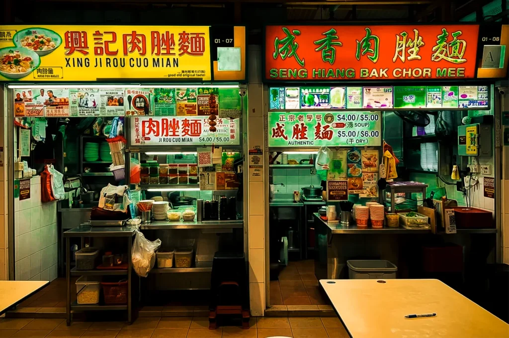 Xing Ji and Seng Hiang exterior areas at Bedok 85 Market during night.