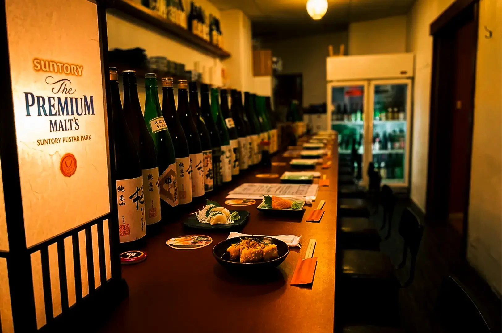 Dosukoi Sakaba’s dimly lit counter at Cuppage Plaza, with small izakaya dishes and rice dishes arranged on the counter.