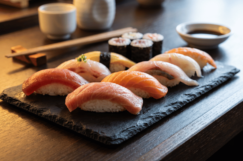 An angled view of a rectangular slate platter filled with a colorful assortment of nigiri and maki rolls, set on a dark wooden dining table with warm, diffused lighting reflecting off the fresh seafood, accompanied by a soy sauce dish and chopsticks.