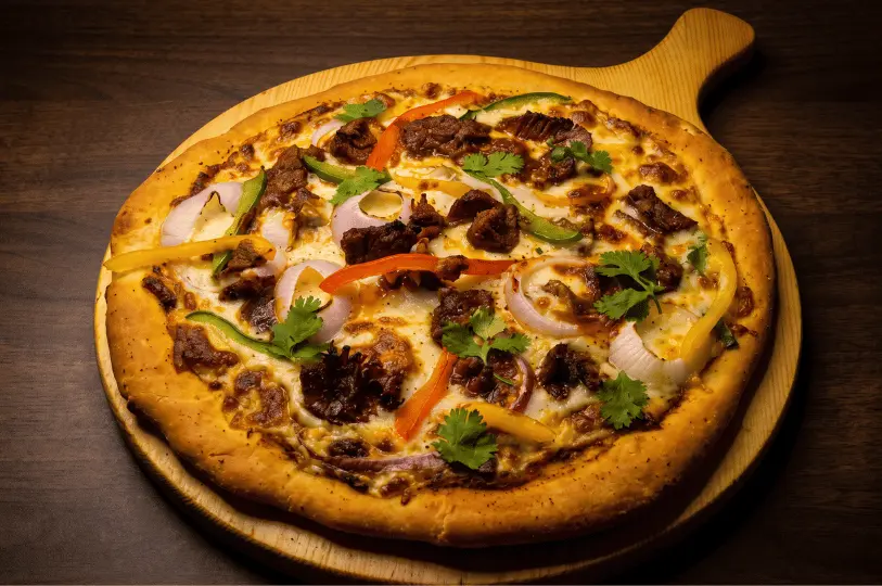 An overhead shot of a freshly baked, rustic pizza served on a wooden peel. The golden-brown, textured crust is heavily layered with melted cheese, savory dark meat, sliced red onions, bell peppers, and fresh cilantro, captured under warm, directional lighting.