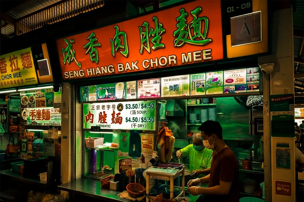 Seng Hiang Bak Chor Mee store exterior with its vendors cooking their signature Bak Chor Mee illuminated by the warm lights of the store signages at Bedok 85, Singapore.