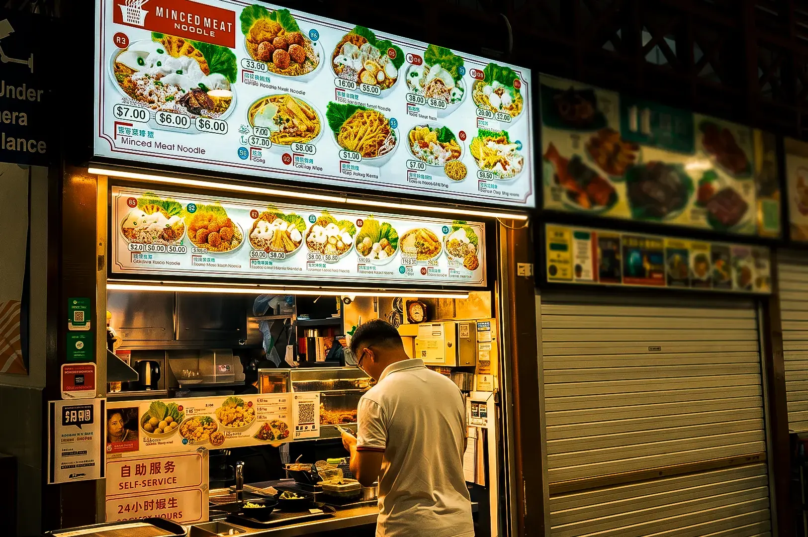 XO Minced Meat Noodles stall exterior during night, bright white lightings coming from its menu displayed on top of the stall with a lone customer choosing a meal in front at Newton Food Centre.