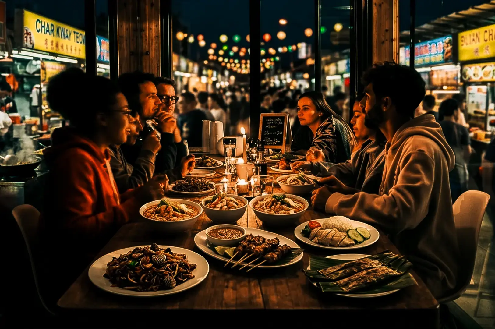 A group of people gathering in a table with street food and the night market in the background.