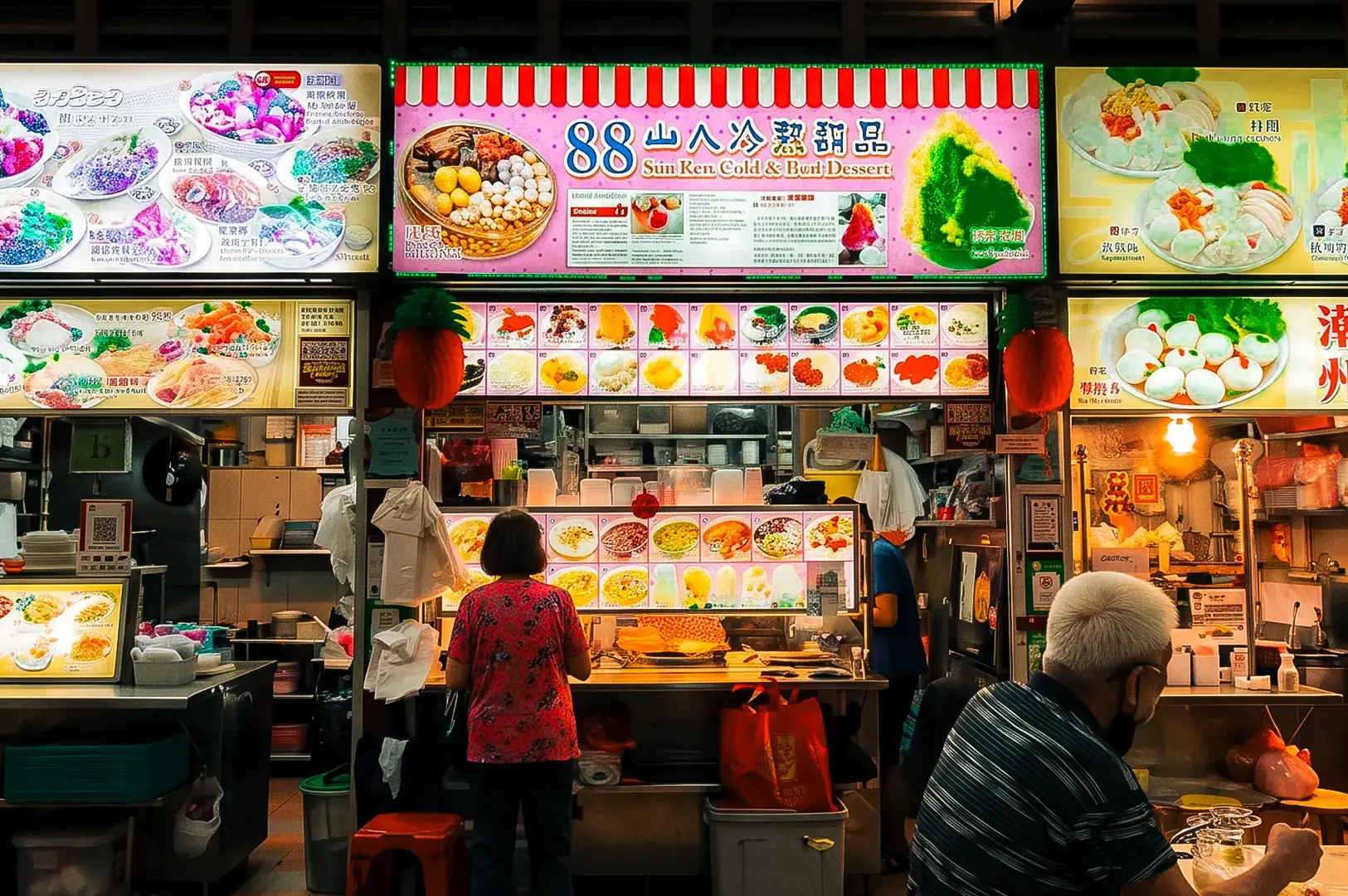 88 San Ren Cold and Hot Dessert stall exterior, brightly lit by warm yellow and white lights from its menu signages.