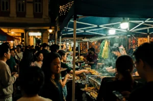 Busy stalls at Boon Tat street with grills and skewers making white smoke and customers looking through the displays.