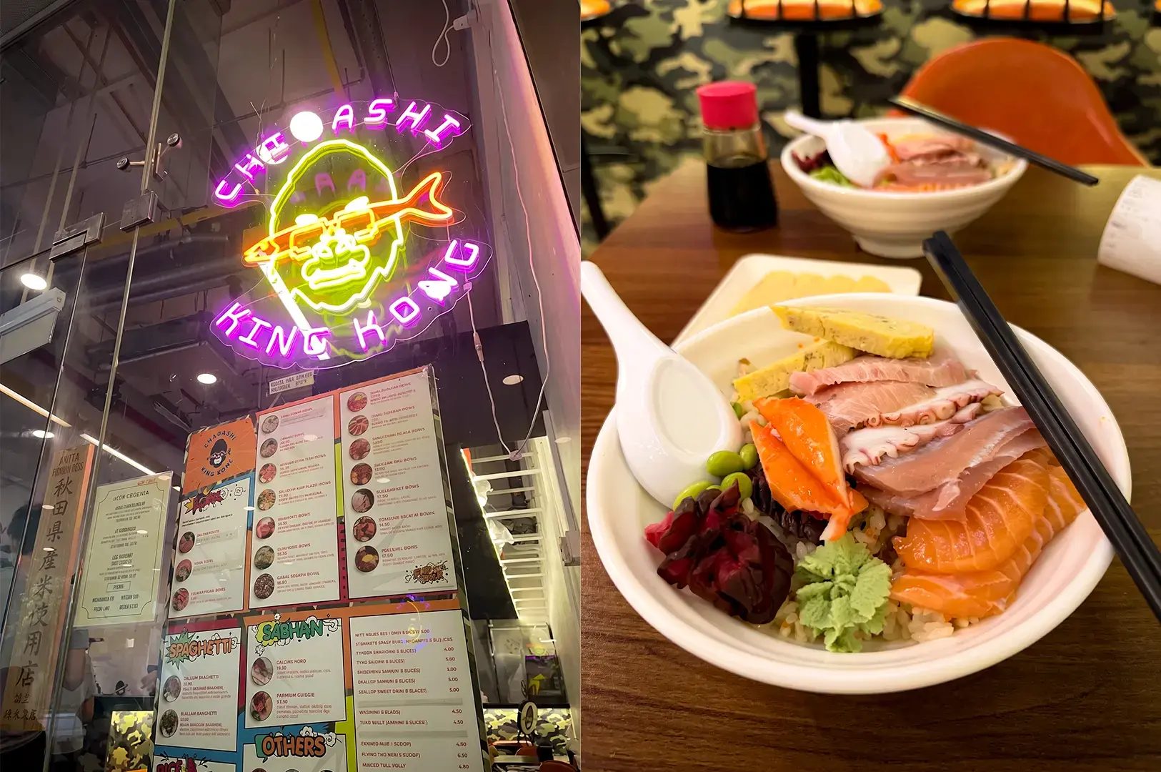 Chirashi King Kong neon logo signage by their glass entrance and two bowls of their sashimi menu items.
