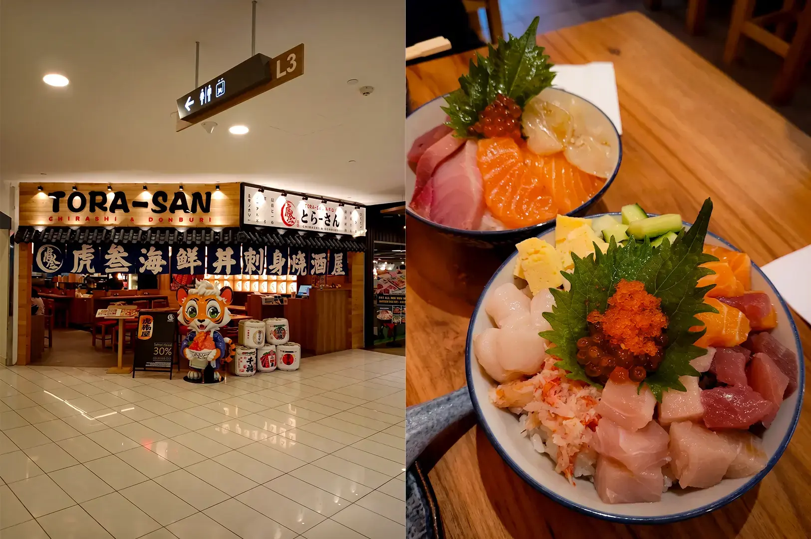 Tora-San,exterior with its traditional inspired design and two bowls of their chirashi don with appetizing fresh sashimi.