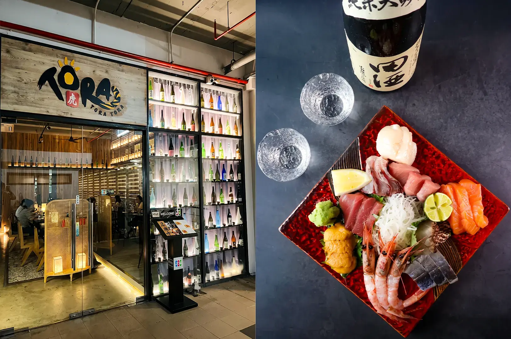 Tora Tora Tora exterior with the modern style interior visible through the glass entrance and a plate of their fresh sashimi menu item with alcohol bottle and glasses beside.