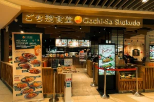 Gochi-So Shokudo exterior with its entrance decorated with menu item banners and screens, the warmly lit interior visible through the entrance.