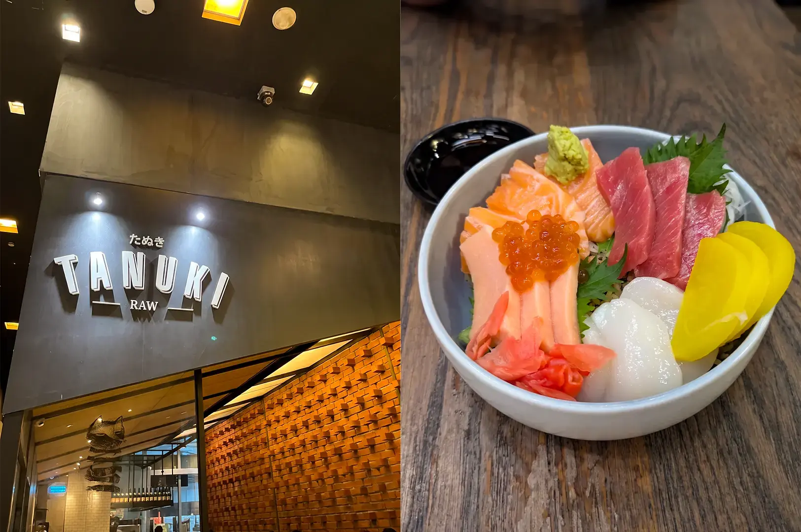 Tanuki Raw  logo signage above their entrance and a serving of their chirashi don in a white bowl.